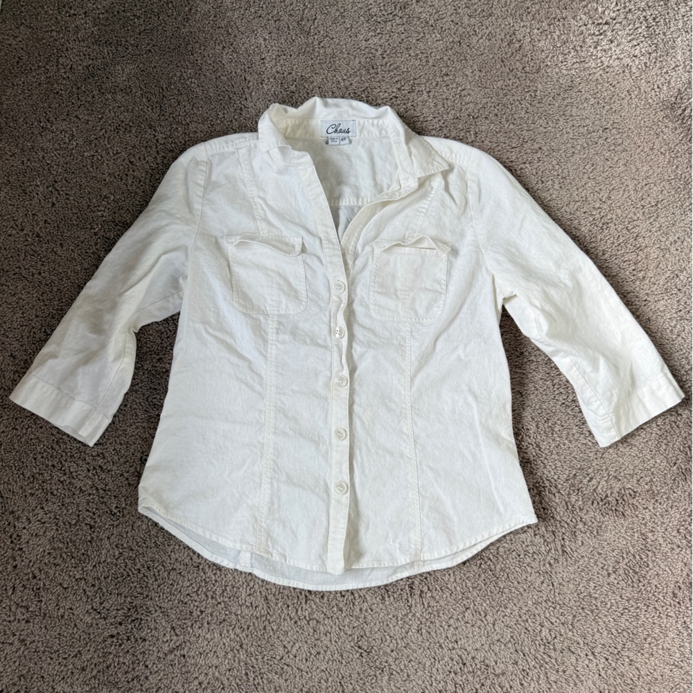 vintage linen Chaus petite 6 Off-White linen Casual button down Shirt